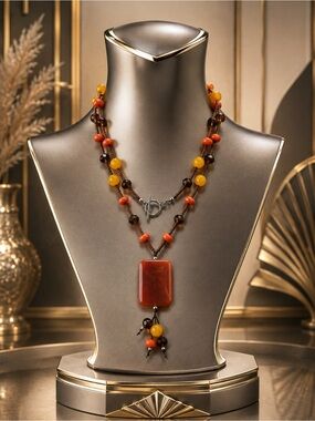 🆕🔥Handcrafted Cornelian and Glass Beaded Statement Necklace